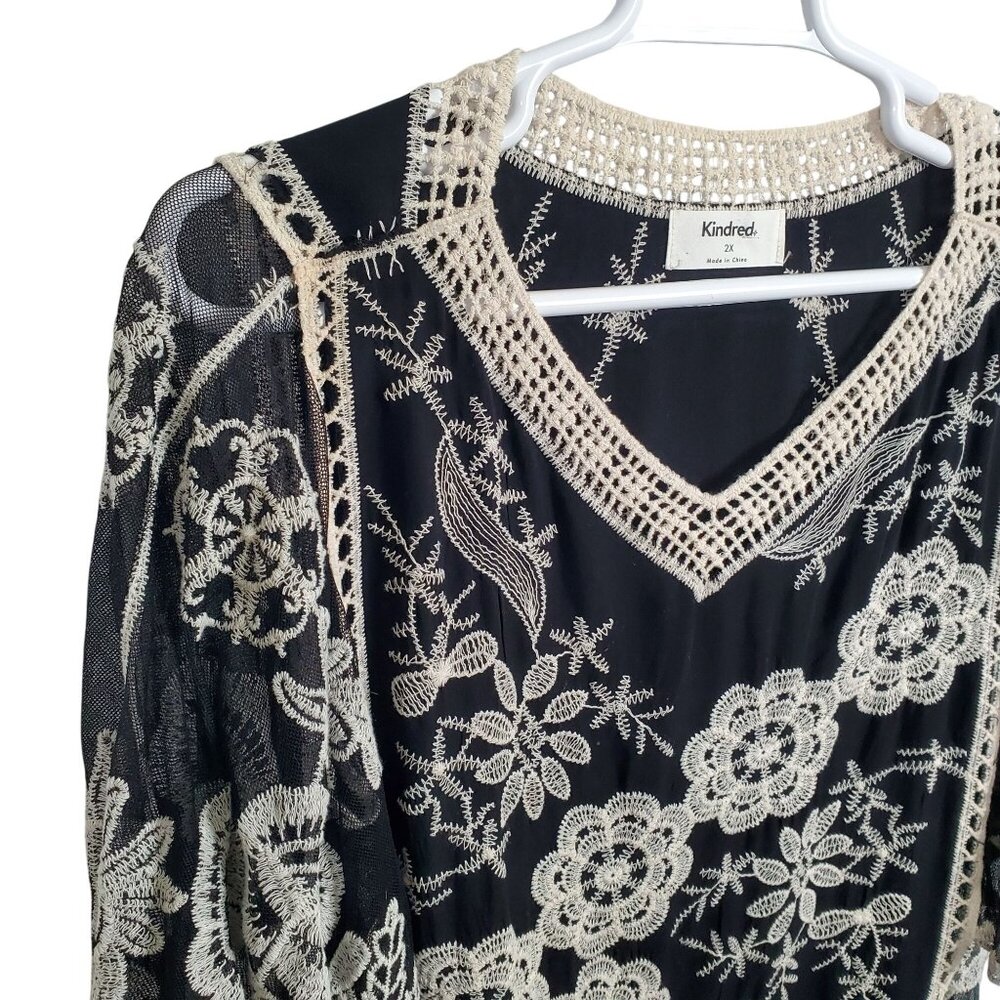 Kindred Womens Sz 2X Top Pullover Blouse Artsy Embroidered Lace Crochet Floral - Picture 6 of 8